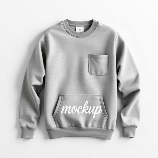 mockup design, Create a stylish grey marle sweatshirt mockup featuring a relaxed fit and a crew neckline. Showcase the fabric's texture with realistic lighting, highlighting the softness and drape. Include customizable elements like a front pocket and tag area for branding, set against a minimalistic background to emphasize the sweatshirt's design.