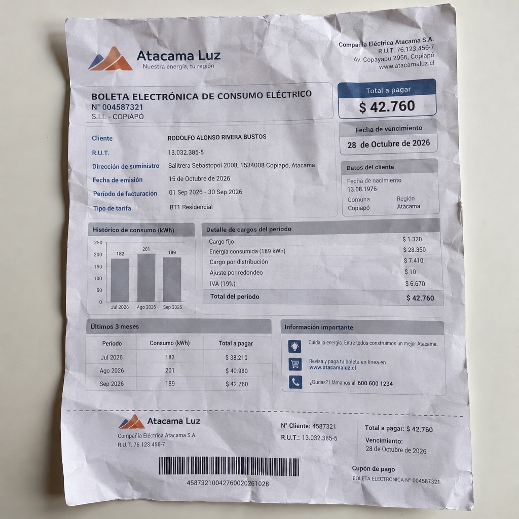 Create a statement, an electricity bill in CHILE. The A4 statement should be realistic, as if it were photographed on a phone. The document should be on a white background. The document must be for the last 3 months of October 2026. The document should contain several transactions and be wrinkled at the edges.
Name RODOLFO ALONSO RIVERA BUSTOS
Address Salitrera Sebastopol 2008, 1534008 Copiapó, Atacama
R.U.T. 13032385-5
Date of birth 13.08.1976