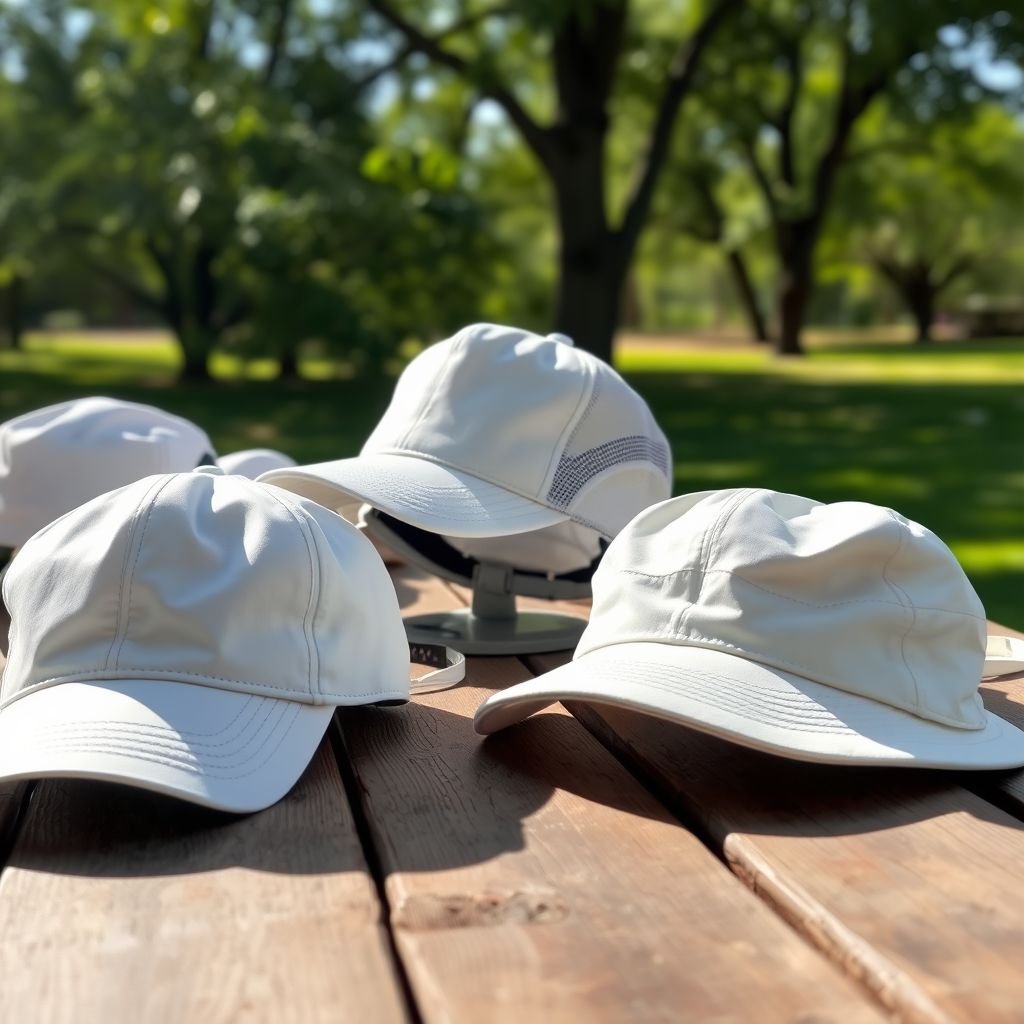A collection of various white hats displayed on a rustic wooden table. A classic golf cap with a slightly curved brim, a structured baseball cap with an adjustable strap, and a relaxed dad hat. Soft sunlight filters through trees, casting gentle shadows, evoking a breezy, casual atmosphere perfect for leisurely outings.