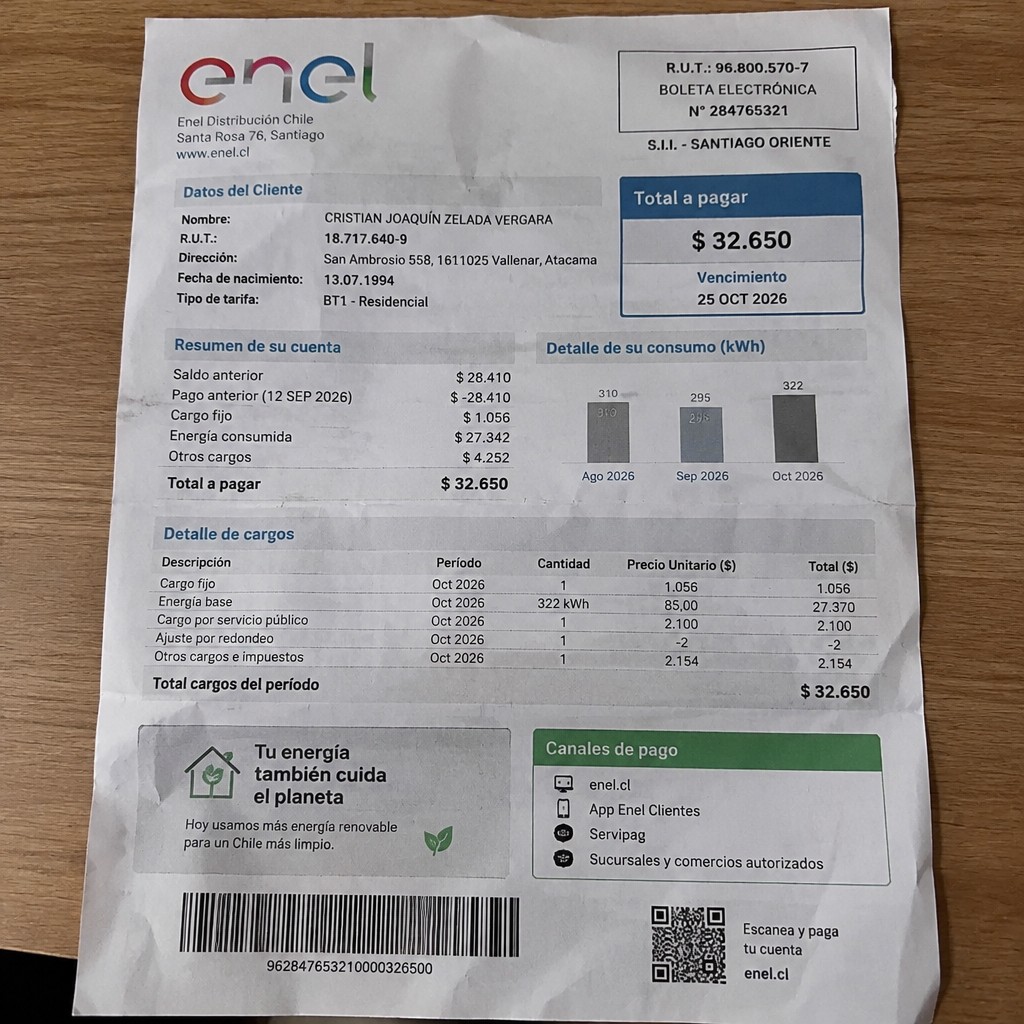 Create a statement, an electricity bill in CHILE. The A4 statement should be realistic, as if it were photographed on a phone. The document should be on a white background. The document must be for the last 3 months of October 2026. The document should contain several transactions and be wrinkled at the edges.
Name CRISTIAN JOAQUÍN ZELADA VERGARA
Address San Ambrosio 558, 1611025 Vallenar, Atacama
R.U.T. 18717640-9
Date of birth 13.07.1994
