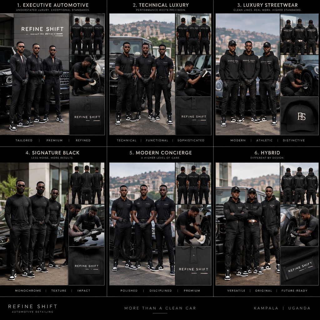 Create 6 completely different visual identity concepts for a premium automotive detailing company called REFINE SHIFT. Do not make them look like generic car-wash uniforms or mechanics' uniforms. The goal is to create a distinctive signature appearance that customers immediately associate with the company.
Show a team of three young Black male professional vehicle detailers standing together beside a luxury vehicle.
Explore six distinct directions:
1. Executive Automotive: extremely clean, tailored, understated, luxury automotive-service aesthetic.
2. Technical Luxury: premium black technical workwear, fitted performance shirt, flexible trousers, subtle branding, functional details.
3. Luxury Streetwear: sophisticated black workwear combined with premium low-top basketball-inspired sneakers, clean silhouette, athletic but professional.
4. Signature Black: almost entirely black, with the silhouette, materials, gloves and tiny branding details creating the identity. Minimal colour.
5. Modern Concierge: premium tucked-in performance polo, tailored trousers, belt, clean low-top sneakers, extremely polished and disciplined.
6. Hybrid: combine the strongest elements of luxury automotive service, technical workwear and contemporary streetwear into something that feels completely original.
Every concept must include:
- black nitrile detailing gloves
- coordinated footwear
- breathable and flexible clothing suitable for kneeling, bending and working around vehicles
- premium fabrics
- subtle REFINE SHIFT branding
- coordinated team appearance
- realistic African/UGandan setting
- luxury vehicle
- cinematic commercial photography
The clothing must look like something real people could actually detail cars in for several hours. Avoid costumes, tactical clothing, oversized fashion, construction uniforms and generic corporate uniforms.
Show each concept as a complete front-and-back uniform, full-body team shot, active detailing shot, and close-up of the signature details.
The purpose is not to create six variations of the same outfit. Make the six concepts genuinely different so we can discover which visual identity could become Refine Shift's signature. Matching Jordan low-top sneakers are a non-negotiable signature element of the Refine Shift uniform. Do not substitute boots, generic trainers, high-top Jordans, or other footwear. Design the entire uniform around the low-top Jordan silhouette so the shoes feel intentional and iconic rather than incidental.