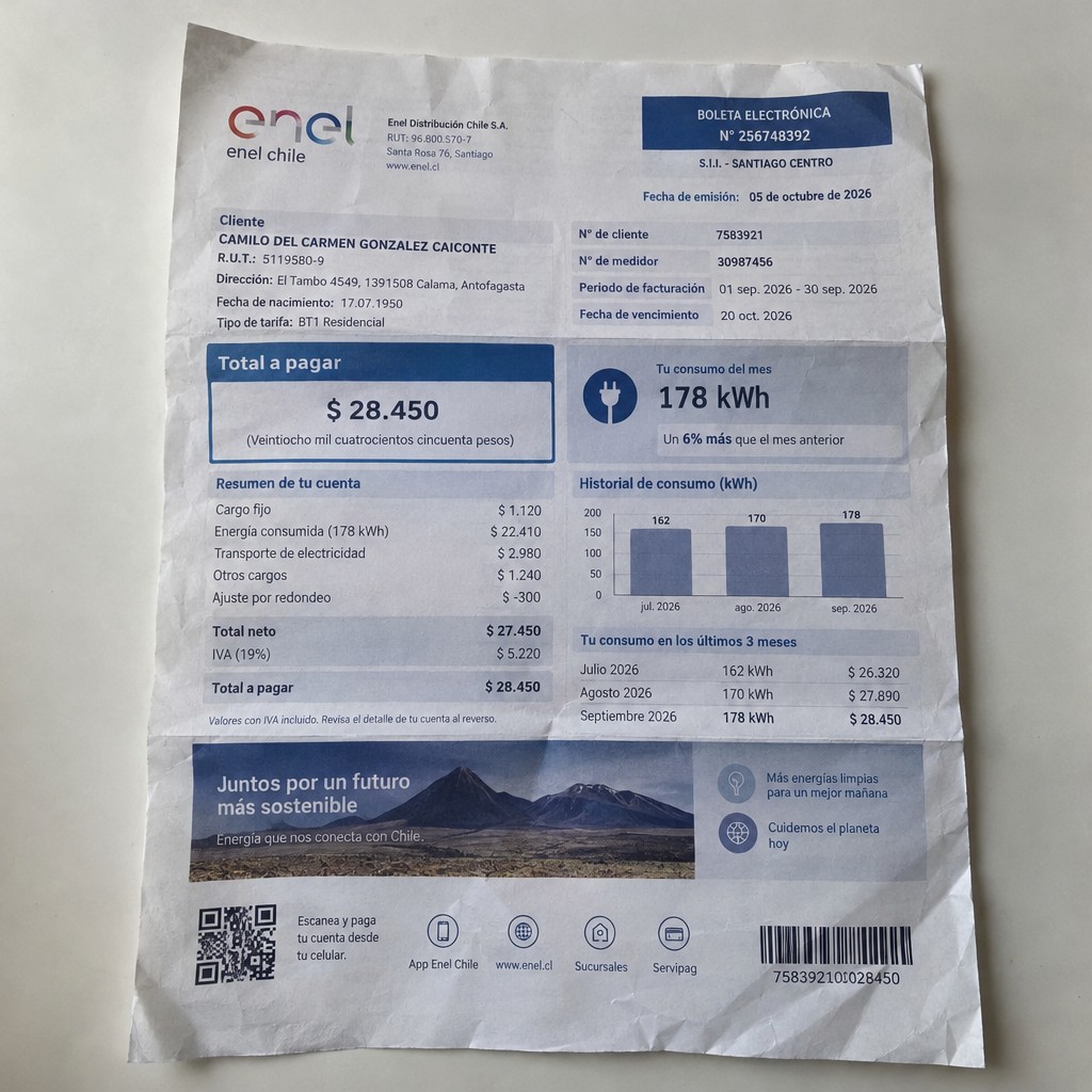 Create a statement, an electricity bill in CHILE. The A4 statement should be realistic, as if it were photographed on a phone. The document should be on a white background. The document must be for the last 3 months of October 2026. The document should contain several transactions and be wrinkled at the edges.
Name CAMILO DEL CARMEN GONZALEZ CAICONTE
Address El Tambo 4549, 1391508 Calama, Antofagasta
R.U.T. 5119580-9
Date of birth 17.07.1950