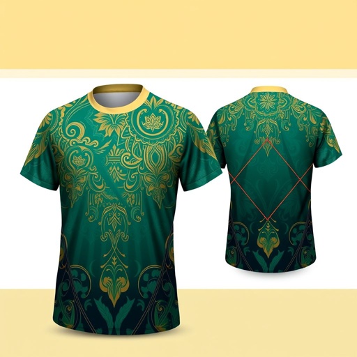 mockup design, Design an elegant full sublimation mockup for a shirt, showcasing intricate patterns in vibrant colors like deep emerald and gold. The front should be a seamless blend of artistic elements, while the back features stylish, subtle geometric shapes in contrasting hues, leaving space for personalized text. No text or blue.