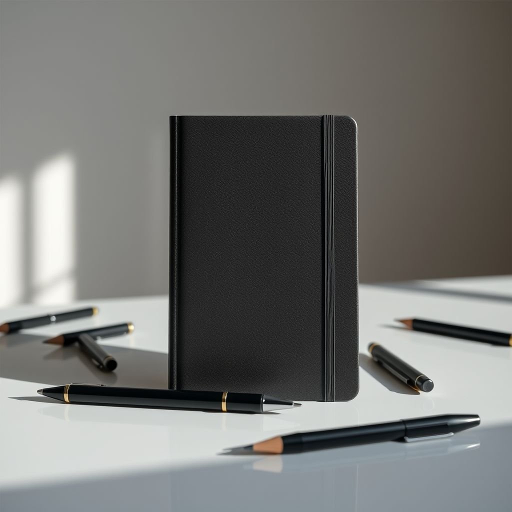 mockup design, Create a realistic mock-up featuring a closed black notebook prominently displayed on a polished countertop, facing the viewer. Surround the notebook with an artistic arrangement of various pens, including a fountain pen, a gel pen, and a mechanical pencil. Utilize soft, natural lighting to enhance the clean workspace aesthetic, emphasizing minimalism.