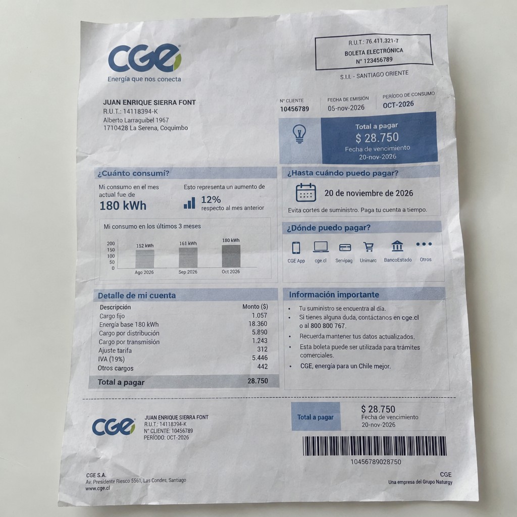 Create a statement, an electricity bill in CHILE. The A4 statement should be realistic, as if it were photographed on a phone. The document should be on a white background. The document must be for the last 3 months of October 2026. The document should contain several transactions and be wrinkled at the edges.
Name JUAN ENRIQUE SIERRA FONT
Address Alberto Larraguibel 1967, 1710428 La Serena, Coquimbo
R.U.T. 14118394-K
Date of birth 11.01.1981