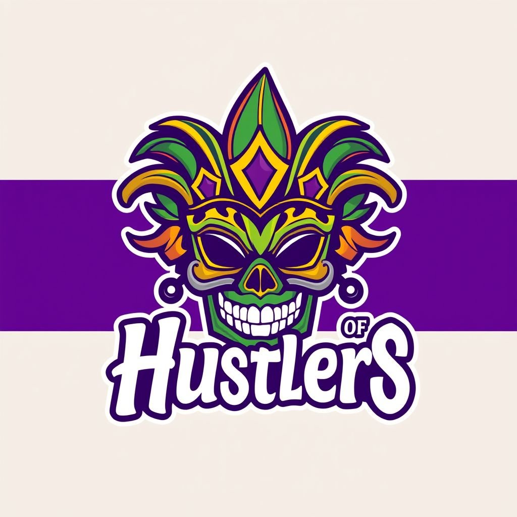 mockup design, Design a bold, eye-catching logo for "Krewe Of Hustlers" that reflects the vibrant culture of New Orleans and streetwear fashion. Incorporate elements like Mardi Gras masks and urban motifs. Use a modern yet playful font, ensuring it appeals to urban Millennials, Gen Z, and families. Highlight inclusivity with unisex representations.
