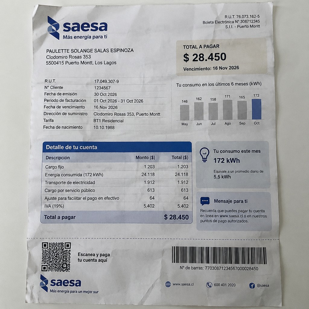 Create a statement, an electricity bill in CHILE. The A4 statement should be realistic, as if it were photographed on a phone. The document should be on a white background. The document must be for the last 3 months of October 2026. The document should contain several transactions and be wrinkled at the edges.
Name PAULETTE SOLANGE SALAS ESPINOZA
Address Clodomiro Rosas 353, 5500415 Puerto Montt, Los Lagos
R.U.T. 17049307-9
Date of birth 10.10.1988
Date of discharge 30.10.2026 (OCTOBER 2026)