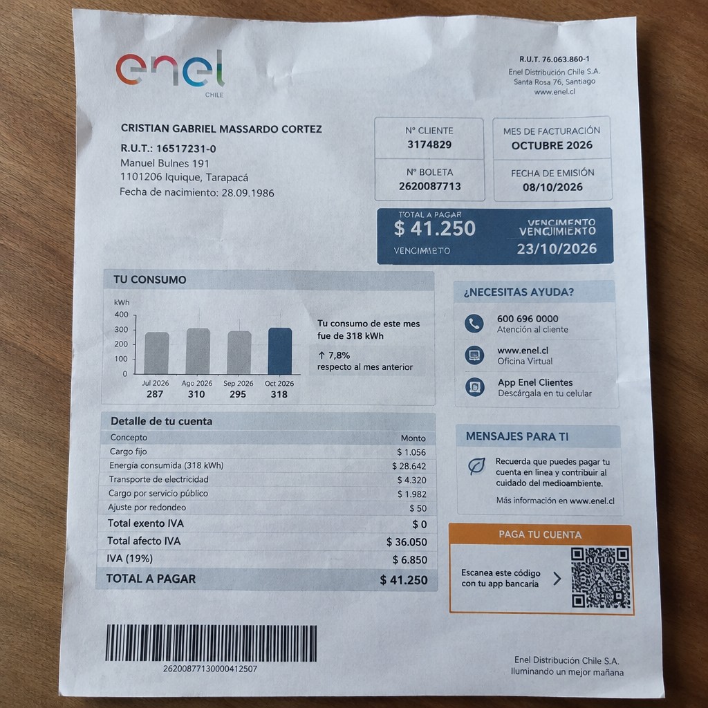 Create a statement, an electricity bill in CHILE. The A4 statement should be realistic, as if it were photographed on a phone. The document should be on a white background. The document must be for the last 3 months of October 2026. The document should contain several transactions and be wrinkled at the edges.
Name CRISTIAN GABRIEL MASSARDO CORTEZ
Address Manuel Bulnes 191, 1101206 Iquique, Tarapacá
R.U.T. 16517231-0
Date of birth 28.09.1986