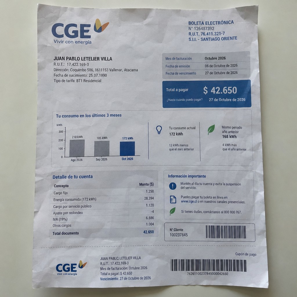 Create a statement, an electricity bill in CHILE. The A4 statement should be realistic, as if it were photographed on a phone. The document should be on a white background. The document must be for the last 3 months of October 2026. The document should contain several transactions and be wrinkled at the edges.
Name JUAN PABLO LETELIER VILLA
Address Coquimbo 586, 1611153 Vallenar, Atacama
R.U.T. 17422169-3
Date of birth 25.07.1990