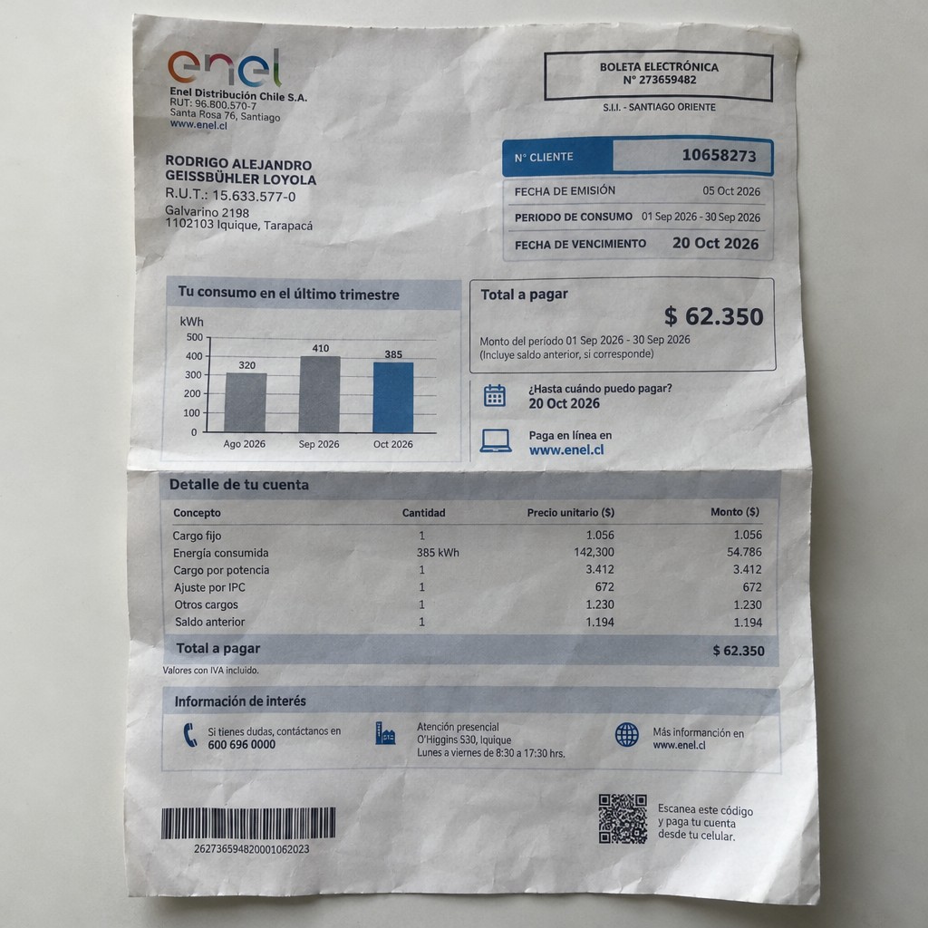 Create a statement, an electricity bill in CHILE. The A4 statement should be realistic, as if it were photographed on a phone. The document should be on a white background. The document must be for the last 3 months of October 2026. The document should contain several transactions and be wrinkled at the edges.
Name RODRIGO ALEJANDRO GEISSBÜHLER LOYOLA
Address Galvarino 2198, 1102103 Iquique, Tarapacá
R.U.T. 15633577-0
Date of birth 07.07.1983