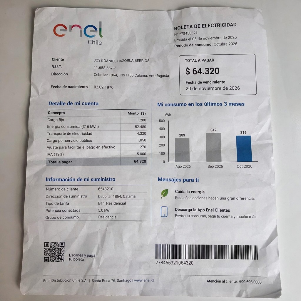Create a statement, an electricity bill in CHILE. The A4 statement should be realistic, as if it were photographed on a phone. The document should be on a white background. The document must be for the last 3 months of October 2026. The document should contain several transactions and be wrinkled at the edges.
Name JOSÉ DANIEL CAZORLA BERRIOS
Address Cebollar 1864, 1391756 Calama, Antofagasta
R.U.T. 11658567-7
Date of birth 02.02.1970