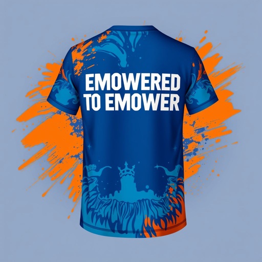 mockup design, Design a vibrant full sublimation mockup for a cotton t-shirt featuring the text “EMPOWERED TO EMPOWER” prominently on the back. Include a dynamic abstract pattern that symbolizes strength and unity. The front should remain simple, allowing the back’s message to shine, using a color palette of bold blues and warm oranges.