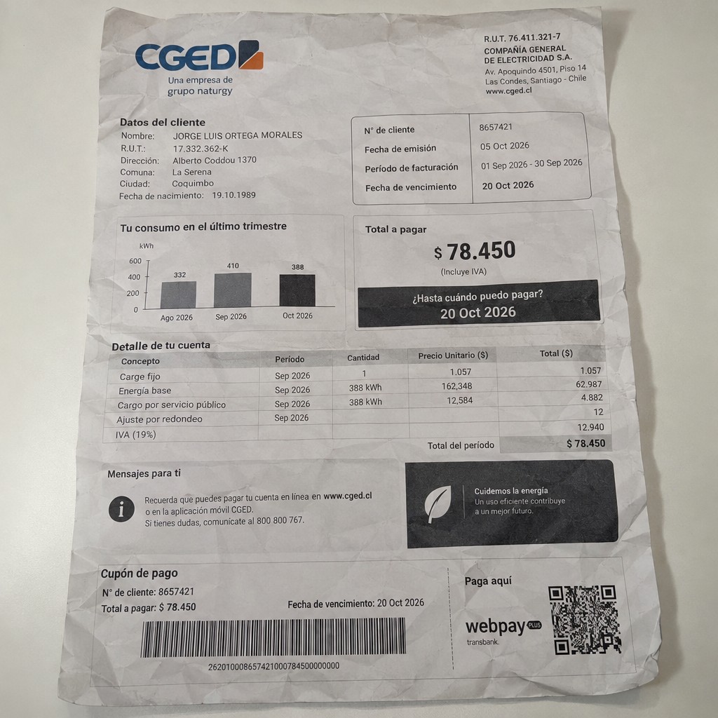 Create a statement, an electricity bill in CHILE. The A4 statement should be realistic, as if it were photographed on a phone. The document should be on a white background. The document must be for the last 3 months of October 2026. The document should contain several transactions and be wrinkled at the edges.
Name JORGE LUIS ORTEGA MORALES
Address Alberto Coddou 1370, 1710298 La Serena, Coquimbo
R.U.T. 17332362-K
Date of birth 19.10.1989