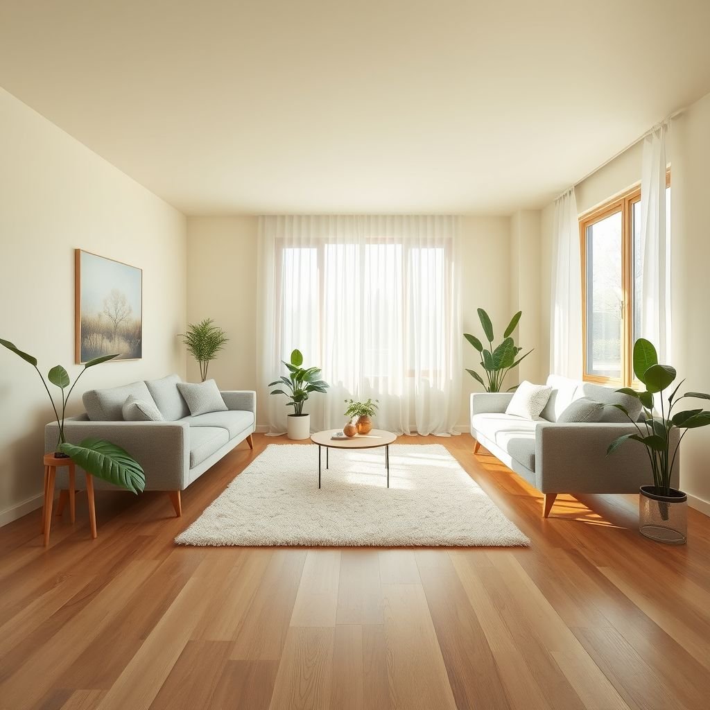 Interior scene featuring a spacious living room. Soft beige walls, light gray furniture, natural wooden accents. Large windows allowing gentle sunlight, sheer white curtains fluttering. A plush cream rug on polished oak flooring. Minimalist decor with scattered green plants, an inviting atmosphere exuding tranquility, stylish simplicity, and modern elegance in harmony.