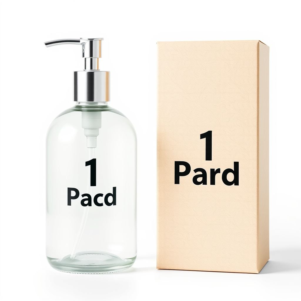 mockup design, Design a minimalist luxury handwash bottle mockup featuring a sleek clear glass bottle complemented by a shiny metallic silver pump. Position the bottle next to an elegantly designed natural kraft cardboard box. Both items showcase centered black text reading “1 Pod” in large, bold font. The setting is a pristine white background, emphasizing a modern and sophisticated packaging design that exudes premium quality and elegance. Add subtle shadows to enhance depth and realism.