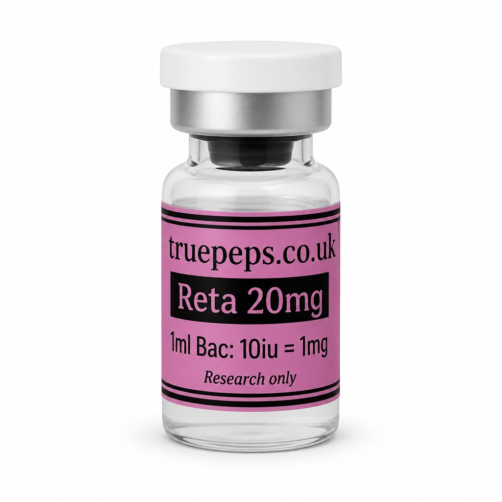 Recreate the exact glass pharmaceutical vial shown in the reference image, with no design changes whatsoever — same white flip-off cap, same silver crimp collar, same clear glass vial, same pink label with black double-line border. Label text must match exactly: "truepeps.co.uk" at the top, a black bar containing "Reta 20mg" in pink text, then "1ml Bac: 10iu = 1mg" below it, and "Research only" in small italic text at the bottom. Do not alter colors, wording, logo, or label layout in any way.
Reframe only: center the vial upright in the middle of the frame, straight-on eye-level angle, full label facing camera and fully legible with no text cut off. Place on a seamless pure white studio background. Soft, even diffused studio lighting with no harsh glare on the glass or cap. Subtle soft realistic shadow directly beneath the vial. Sharp focus throughout, especially the label text. Professional e-commerce product photography style, high detail, 4K.