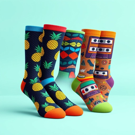 mockup design, Design a vibrant collection of funky socks featuring playful patterns inspired by nature, geometric shapes, and pop culture. Showcase a pair of knee-high socks adorned with colorful pineapples and another pair with retro cassette tapes. Present them in a stylish, eco-friendly packaging that highlights their comfort and durability, perfect for gifting.