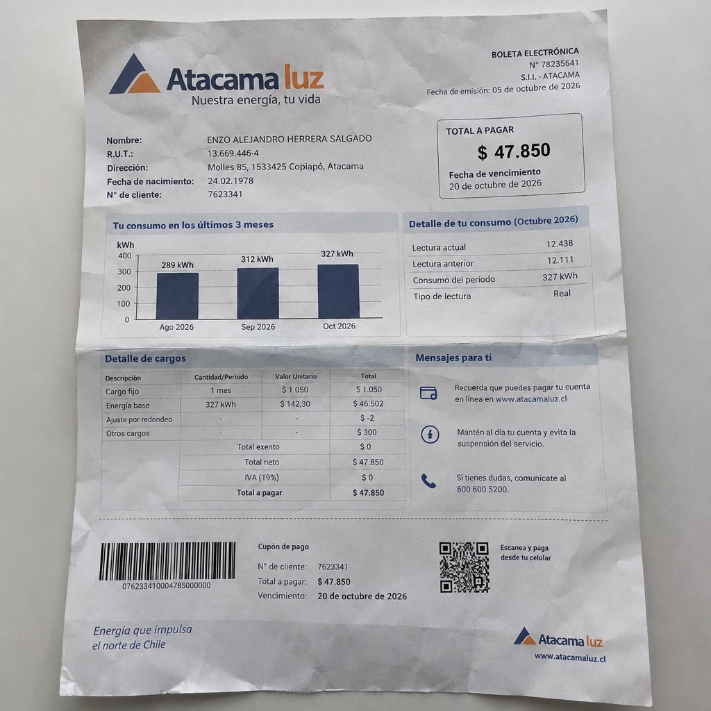 Create a statement, an electricity bill in CHILE. The A4 statement should be realistic, as if it were photographed on a phone. The document should be on a white background. The document must be for the last 3 months of October 2026. The document should contain several transactions and be wrinkled at the edges.
Name ENZO ALEJANDRO HERRERA SALGADO
Address Molles 85, 1533425 Copiapó, Atacama
R.U.T. 13669446-4
Date of birth 24.02.1978