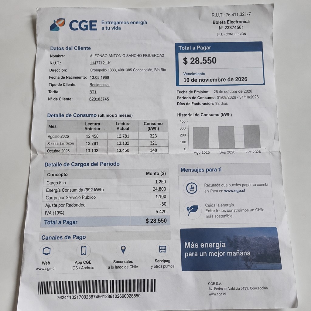 Create a statement, an electricity bill in CHILE. The A4 statement should be realistic, as if it were photographed on a phone. The document should be on a white background. The document must be for the last 3 months of October 2026. The document should contain several transactions and be wrinkled at the edges.
Name ALFONSO ANTONIO SANCHO FIGUEROA2
Address Orompello 1333, 4081385 Concepción, Bío Bío
R.U.T. 11477121-K
Date of birth 13.05.1969
Date of discharge 26.10.2026 (OCTOBER 2026)