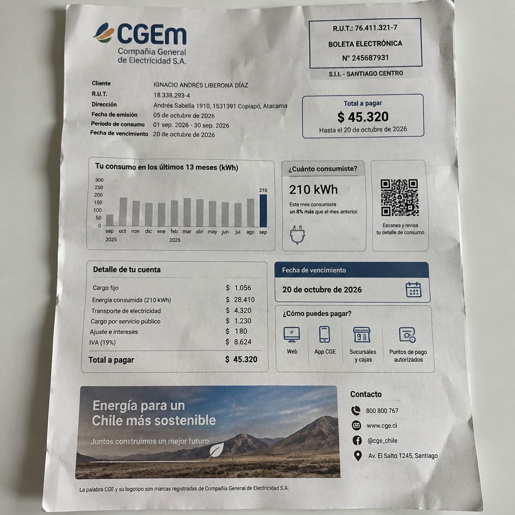 Create a statement, an electricity bill in CHILE. The A4 statement should be realistic, as if it were photographed on a phone. The document should be on a white background. The document must be for the last 3 months of October 2026. The document should contain several transactions and be wrinkled at the edges.
Name IGNACIO ANDRÉS LIBERONA DÍAZ
Address Andrés Sabella 1910, 1531391 Copiapó, Atacama
R.U.T. 18338293-4
Date of birth 15.12.1992