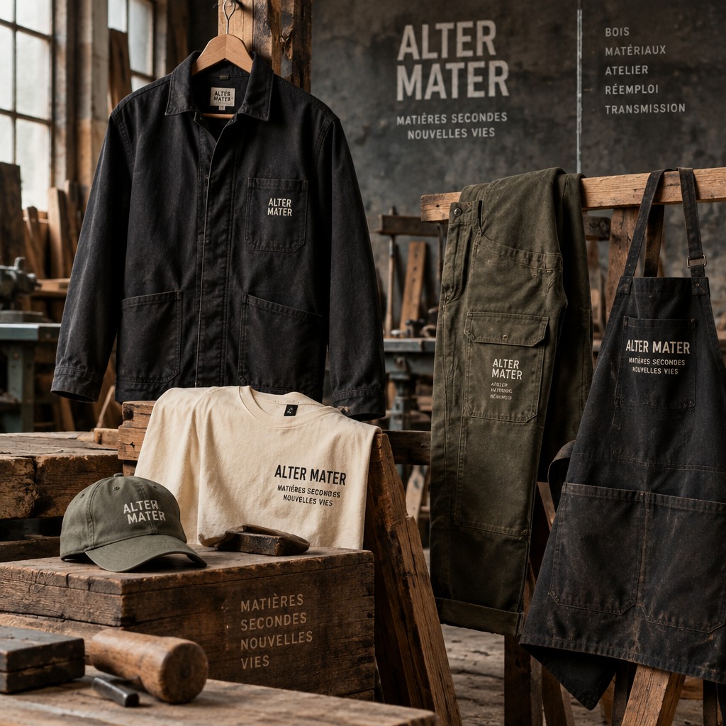 Create a cohesive premium workwear clothing collection for the French craft and reclaimed-material workshop brand “ALTER MATER”.
BRAND:
ALTER MATER is a French workshop specialized in the reuse, transformation and upcycling of existing materials, especially reclaimed wood, architectural elements, furniture components and materials recovered from construction and renovation projects.
The brand combines:
* craftsmanship
* woodworking
* material reuse
* industrial workshop culture
* contemporary design
* ecological responsibility
* traces, imperfections and history of materials
CORE VISUAL IDEA:
The garments should look like authentic workwear first and branded merchandise second.
The aesthetic should feel:
* rugged
* utilitarian
* understated
* contemporary
* workshop-oriented
* slightly industrial
* authentic
* tactile
* durable
* French craft / atelier culture
Avoid:
* generic corporate merchandise
* startup aesthetics
* overly clean minimalist fashion
* luxury fashion
* exaggerated eco clichés
* leaves, recycling arrows, trees or generic sustainability symbols
* excessive branding
* fake vintage graphics
* overly colorful designs
* streetwear hype aesthetics
COLOR PALETTE:
Primary:
* deep black
* natural / undyed ecru
* faded military / workshop khaki
Secondary accents:
* off-white
* very dark green
* raw wood tones
* aged grey
GRAPHIC LANG