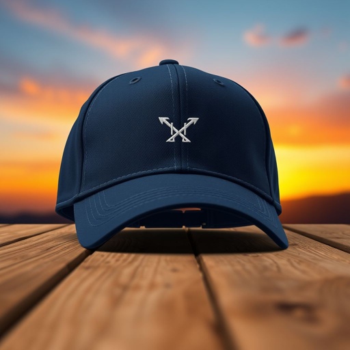 mockup design, Design a stylish baseball cap featuring a minimalist logo embroidered on the front. The cap's fabric should be a textured cotton blend in a deep navy blue. Include adjustable straps at the back for comfort, and showcase it on a wooden table with a vibrant sunset in the background for a casual vibe.