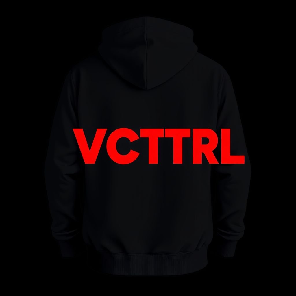 mockup design, Design a stylish black hoodie featuring a bold, eye-catching "VCTRL" text in vibrant red on the back. Incorporate sleek, modern lines and a relaxed fit for a casual look. The front design could include a minimalist emblem to complement the vibrant back graphic, enhancing its urban aesthetic.