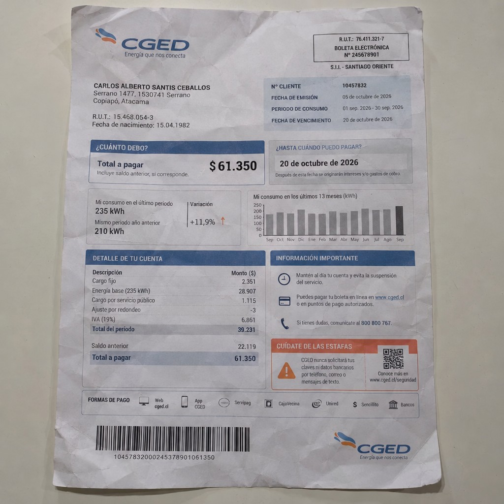 Create a statement, an electricity bill in CHILE. The A4 statement should be realistic, as if it were photographed on a phone. The document should be on a white background. The document must be for the last 3 months of October 2026. The document should contain several transactions and be wrinkled at the edges.
Name CARLOS ALBERTO SANTIS CEBALLOS
Address Serrano 1477, 1530741 Serrano, Copiapó, Atacama
R.U.T. 15468054-3
Date of birth 15.04.1982