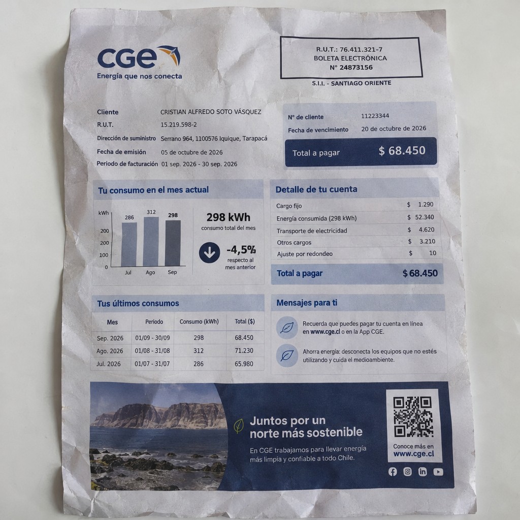 Create a statement, an electricity bill in CHILE. The A4 statement should be realistic, as if it were photographed on a phone. The document should be on a white background. The document must be for the last 3 months of October 2026. The document should contain several transactions and be wrinkled at the edges.
Name CRISTIAN ALFREDO SOTO VÁSQUEZ
Address Serrano 964, 1100576 Iquique, Tarapacá
R.U.T. 15219598-2
Date of birth 24.12.1981