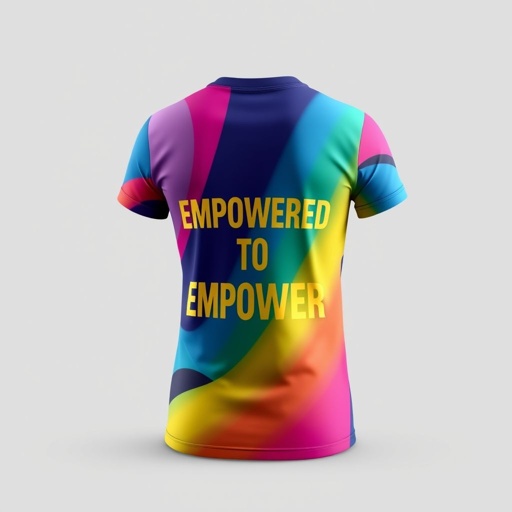 mockup design, Design a full sublimation mockup featuring a classic fitted T-shirt. The shirt should display vibrant colors, excluding blue, with a striking gold text "EMPOWERED TO EMPOWER" prominently on the back. The front remains simple and stylish, emphasizing the bold message on the back. Showcase the design against a neutral backdrop for contrast.