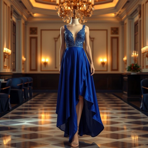 mockup design, Create a mockup design for an elegant evening dress made from flowing silk fabric, featuring a deep V-neckline and delicate lace detailing along the bodice. The dress has an asymmetrical hemline and is showcased in a rich royal blue color. Set against a softly lit, luxurious ballroom backdrop.
