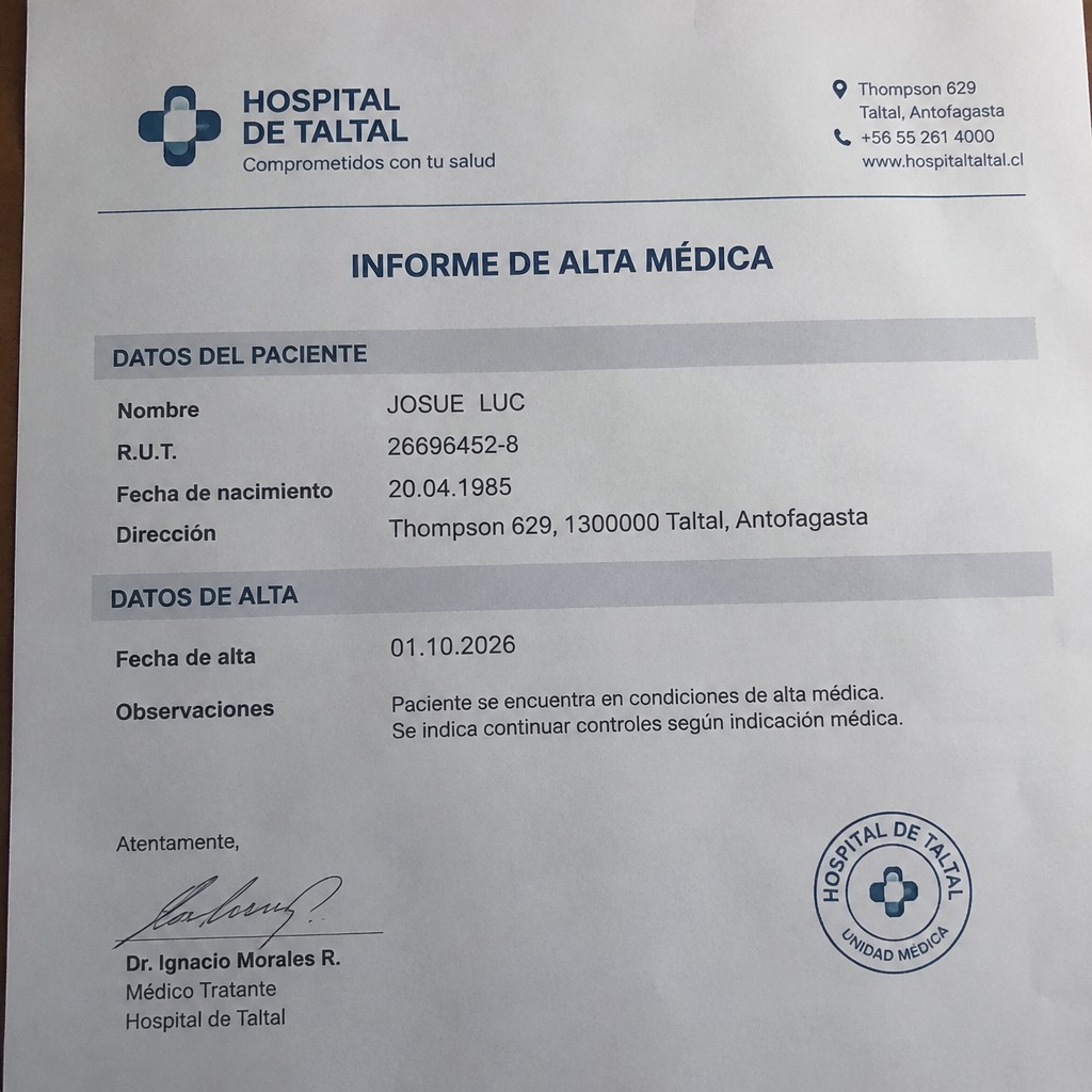 Create realistic statement as if it were photographed on a phone.
Name JOSUE LUC
Address
Thompson 629, 1300000 Taltal, Antofagasta
R.U.T. 26696452-8
Date of birth 20.04.1985
Date of discharge 01.10.2026 (OCTOBEDR 2026)
