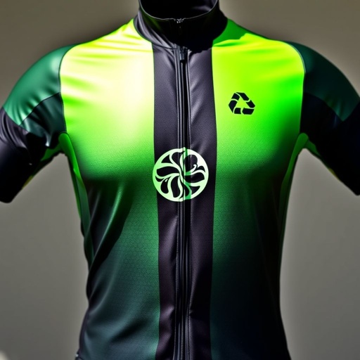 A vibrant cycling jersey by PPR, adorned with a sleek black base. Bold neon green stripes cascade vertically, evoking speed and energy. The logo, a stylized emblem of a bicycle wheel intertwined with abstract shapes, sits prominently on the chest. Soft, breathable fabric glistens under sunlight, showcasing a modern, aerodynamic design.