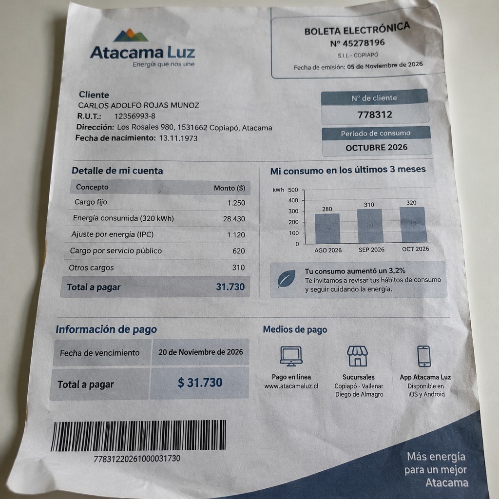 Create a statement, an electricity bill in CHILE. The A4 statement should be realistic, as if it were photographed on a phone. The document should be on a white background. The document must be for the last 3 months of October 2026. The document should contain several transactions and be wrinkled at the edges.
Name CARLOS ADOLFO ROJAS MUNOZ
Address Los Rosales 980, 1531662 Copiapó, Atacama
R.U.T. 12356993-8
Date of birth 13.11.1973