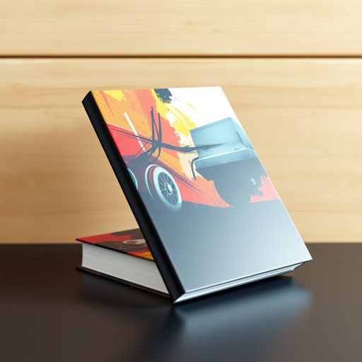 mockup design, Create a mockup design featuring two hardcover books stacked at an angle against a sleek wooden background. One book should have a vibrant, abstract cover design while the other showcases a minimalist, classic aesthetic. Include soft, natural lighting to enhance texture and detail, and add a subtle shadow for depth.