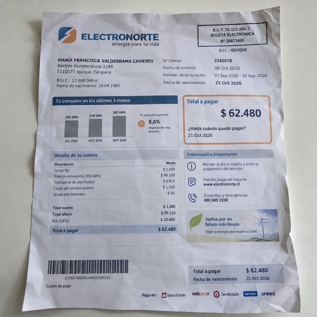Create a statement, an electricity bill in CHILE. The A4 statement should be realistic, as if it were photographed on a phone. The document should be on a white background. The document must be for the last 3 months of October 2026. The document should contain several transactions and be wrinkled at the edges.
Name MARÍA FRANCISCA VALDERRAMA CAVIERES
Address Berthie Humberstone 2188, 1110077 Iquique, Tarapacá
R.U.T. 13904066-K
Date of birth 14.04.1980