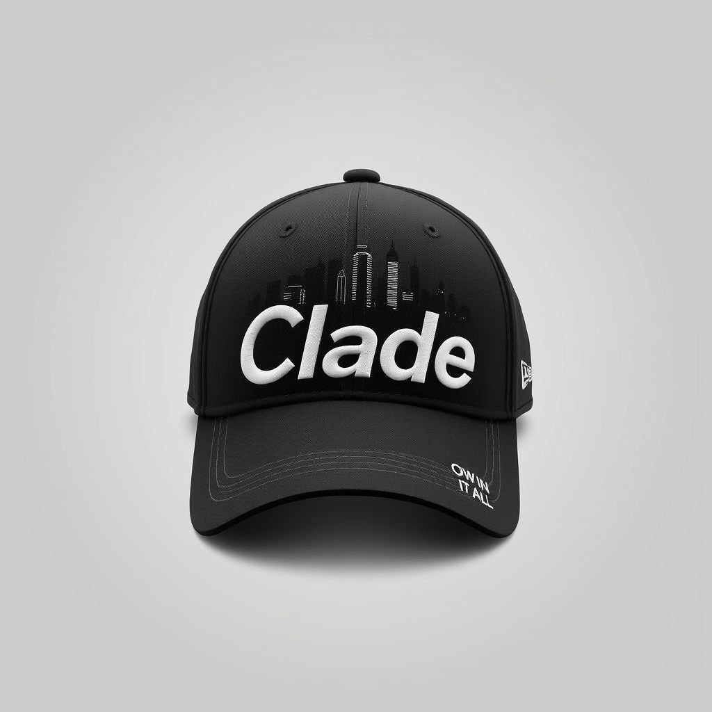 mockup design, Design a sleek black baseball hat featuring the brand name "Clade" prominently displayed in a bold, modern font. Behind the brand name, illustrate a dynamic skyline silhouette that reflects a vibrant city life. On the side, elegantly embroider the phrase "Own It All" in contrasting white stitching, enhancing the overall style.