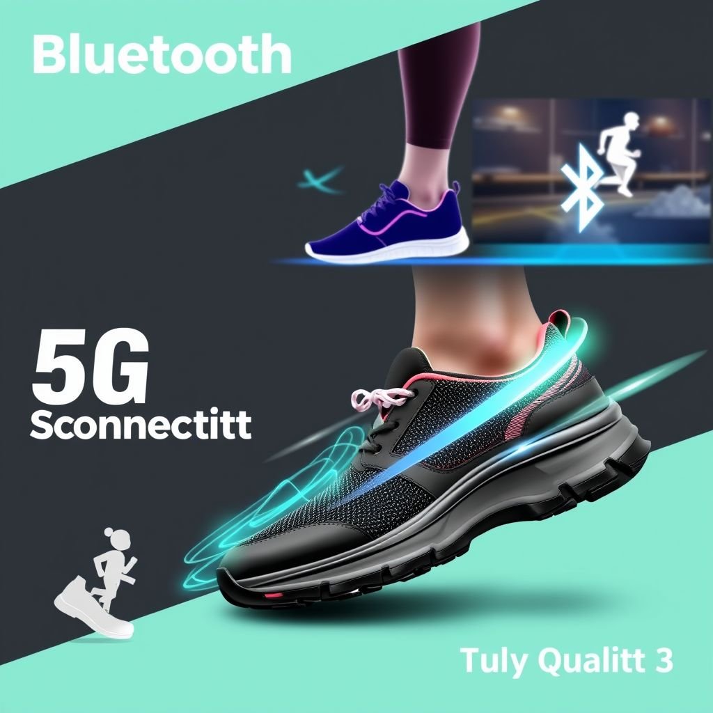 mockup design, Design an eye-catching mockup of smart shoes featuring Bluetooth connectivity. Incorporate dynamic animations showcasing the shoes in action, like walking and running. Overlay bold text highlighting key features: "5G Connectivity," "Arch Support," and "High Quality." Use vibrant colors and modern graphics to enhance visual appeal and emphasize innovation.