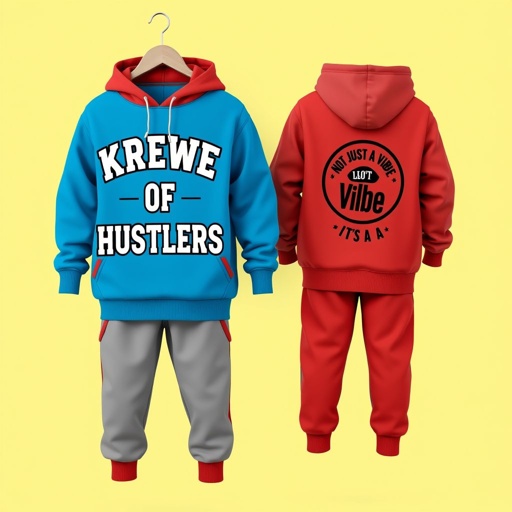 mockup design, Create a vibrant mockup of unisex jogger sets for kids, featuring "Krewe Of Hustlers" prominently on the front. The back showcases a playful symbol with the phrase "Not Just A Vibe~ It's A Krewe." Utilize solid colors like bright blue, red, and green, ensuring a fun and stylish look for young trendsetters.