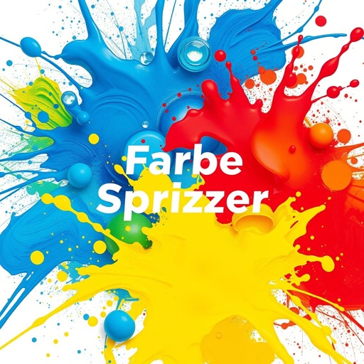mockup design, Create a vibrant mockup design featuring a dynamic splash of paint colors, showcasing vivid hues like electric blue, sunny yellow, and fiery red. The splashes should appear artistically arranged around the central theme of "Farbe Spritzer," incorporating abstract shapes and textures that evoke creativity and artistic expression. Perfect for a gallery exhibit.