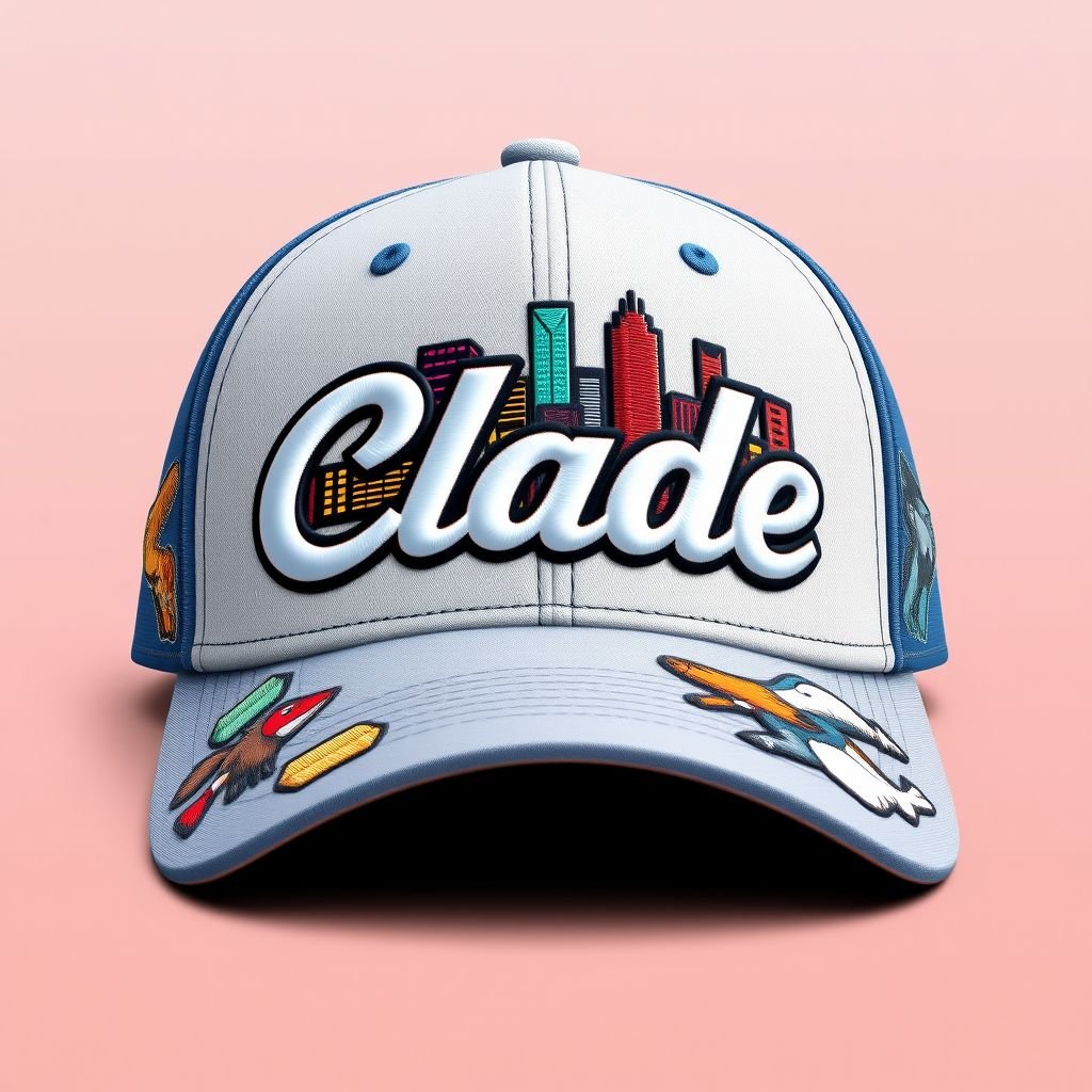 mockup design, Create a stylish baseball cap featuring the brand name "Clade" prominently embroidered on the front. Incorporate a vibrant city skyline in the background of the lettering, symbolizing urban culture. Add playful animal patches around the cap, showcasing wildlife diversity. The color palette should be modern and eye-catching for trendy appeal.