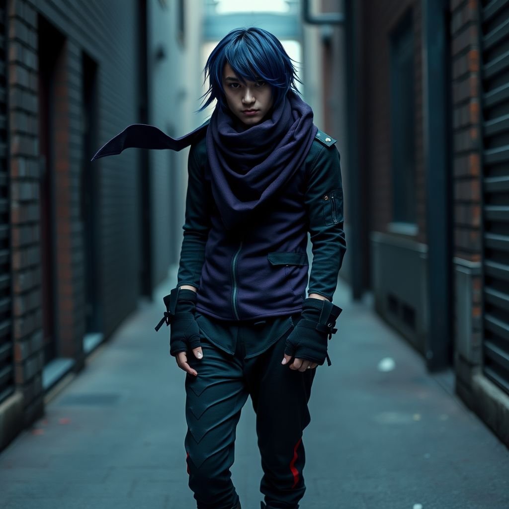 mockup design, Create a mockup design featuring Edgar, a rebellious teenager embodying an emo aesthetic. He has long, deep blue-black hair with a violet sheen hidden behind an asymmetrical fringe. Dressed in a tight, dark purple jacket with militaristic touches, he sports a wide, dynamic scarf that suggests a fierce fighting spirit. Fingerless gloves and joggers enhance his sporty look, while dark high-top sneakers with red accents complete his ensemble. The background should be an urban alley, capturing his mysterious vibe and isolating presence, with moody lighting emphasizing his edgy appearance.