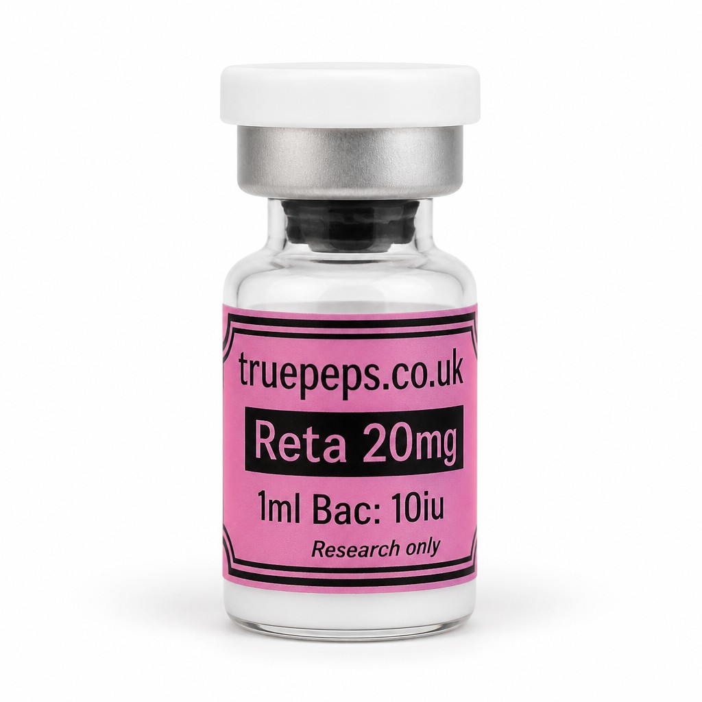 Recreate the exact glass pharmaceutical vial shown in the reference image, with no design changes whatsoever — same white flip-off cap, same silver crimp collar, same clear glass vial, same pink label with black double-line border. Label text must match exactly: "truepeps.co.uk" at the top, a black bar containing "Reta 20mg" in pink text, and "Research only" in small italic text at the bottom. Do not alter colors, wording, logo, or label layout in any way.
Reframe only: center the vial upright in the middle of the frame, straight-on eye-level angle, full label facing camera and fully legible with no text cut off. Place on a seamless pure white studio background. Soft, even diffused studio lighting with no harsh glare on the glass or cap. Subtle soft realistic shadow directly beneath the vial. Sharp focus throughout, especially the label text. Professional e-commerce product photography style, high detail, 4K.