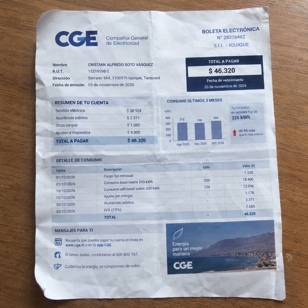 Create a statement, an electricity bill in CHILE. The A4 statement should be realistic, as if it were photographed on a phone. The document should be on a white background. The document must be for the last 3 months of October 2026. The document should contain several transactions and be wrinkled at the edges.
Name CRISTIAN ALFREDO SOTO VÁSQUEZ
Address Serrano 964, 1100576 Iquique, Tarapacá
R.U.T. 15219598-2
Date of birth 24.12.1981
