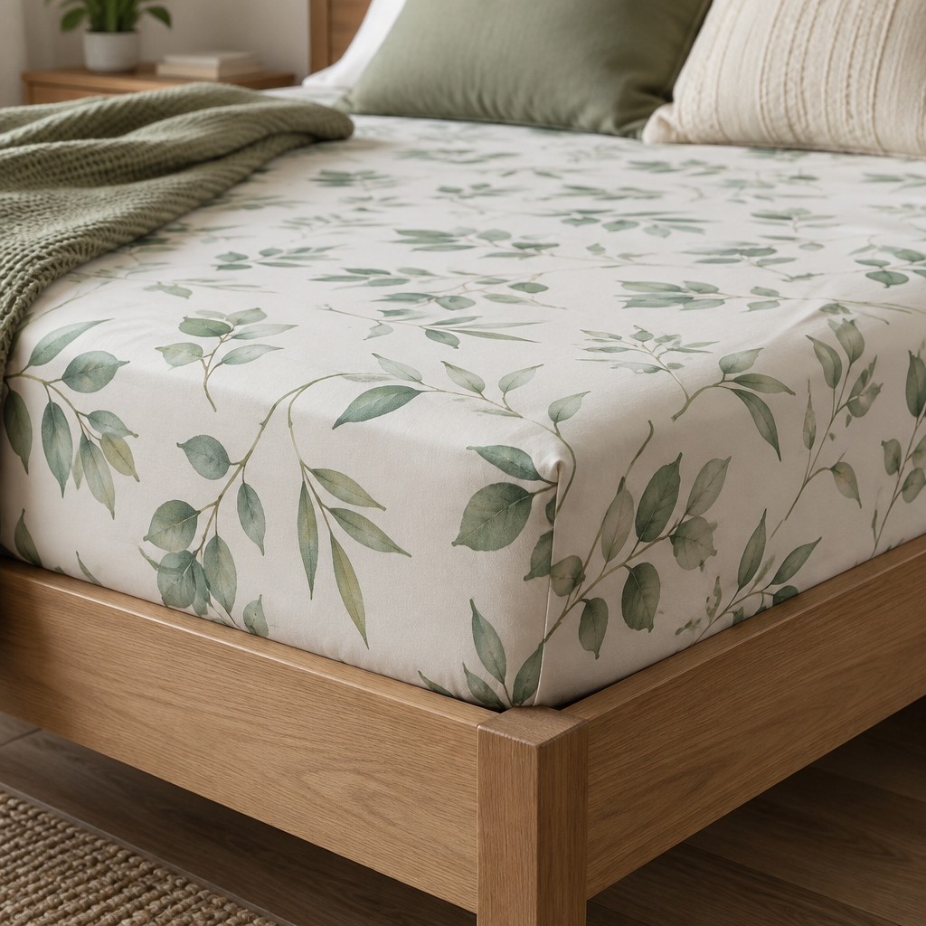 A fitted sheet stretched over a mattress corner on a wooden bed frame, soft natural morning light, featuring a tasteful sample brand design, no watermarks, no text overlays