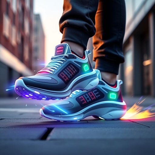 mockup design, Create a vibrant mockup design of animated self-charging battery smart shoes. Showcase sleek, futuristic footwear with integrated solar panels, glowing battery indicators, and dynamic motion effects. The shoes should be depicted in action, demonstrating their self-charging capabilities while highlighting advanced technology features like fitness tracking and customizable colors, set against an urban backdrop.