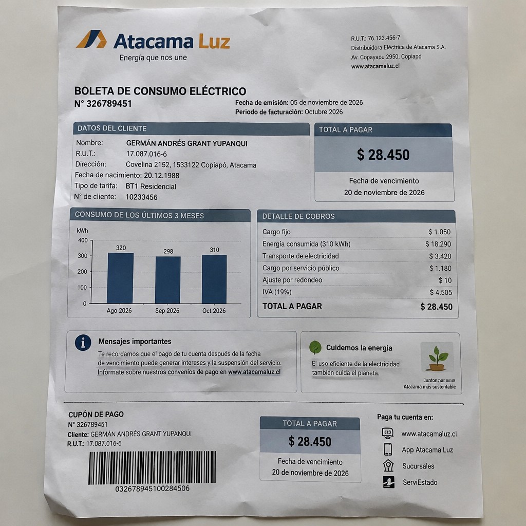 Create a statement, an electricity bill in CHILE. The A4 statement should be realistic, as if it were photographed on a phone. The document should be on a white background. The document must be for the last 3 months of October 2026. The document should contain several transactions and be wrinkled at the edges.
Name GERMÁN ANDRÉS GRANT YUPANQUI
Address Covelina 2152, 1533122 Copiapó, Atacama
R.U.T. 17087016-6
Date of birth 20.12.1988