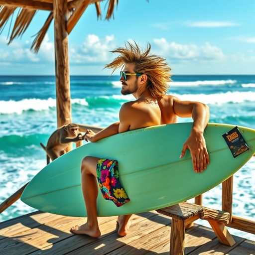 mockup design, A laid-back surfer, sporting sun-kissed hair and a vibrant boardshort, relaxes on a rustic wooden porch overlooking rolling ocean waves. Nearby, a cheeky monkey skillfully snatches his colorful surfboard and a bag of snacks. The scene captures the playful contrast between beach life and nature’s antics, infused with tropical vibrance.