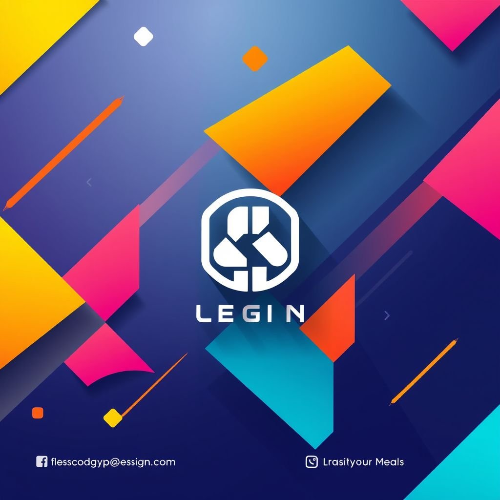 mockup design, Create a vibrant digital design poster featuring abstract geometric shapes and an eye-catching color palette. The poster should prominently display a sleek, modern logo at the center, harmonizing with the overall theme. Incorporate text elements like a catchy tagline and social media handles to enhance engagement and visual appeal.
