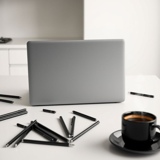 mockup design, Design a mockup featuring a sleek gray laptop positioned with its back facing the viewer, set against a minimalist countertop. Surround the laptop with scattered black pens, creating a dynamic yet organized layout. To the right, place a stylish black coffee mug, steaming gently, adding warmth to the scene.